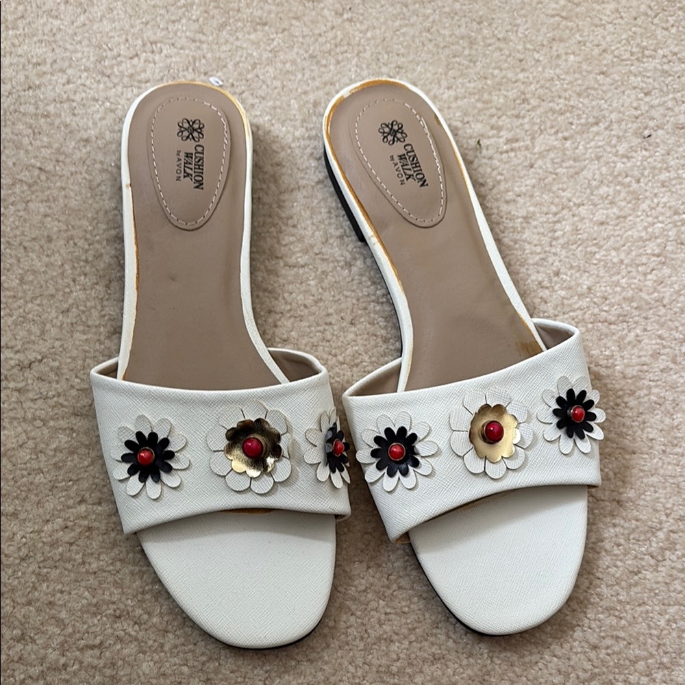 Avon White Floral Slide Mules with Black & Gold Accents